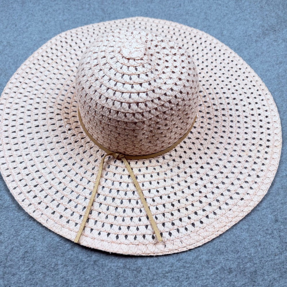 Women's Peach Pink Wide Brim Straw Sun Hat Beach Summer Open Weave Ribbon Tie